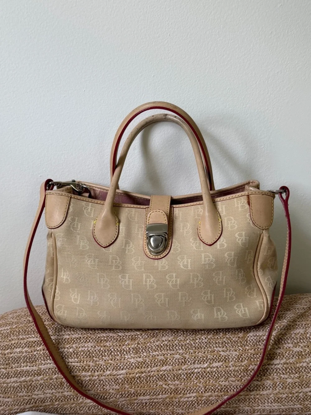 Dooney&Bourke Signature Canvas Satchel Handbag Beige Vachetta Leather Trim Vtg